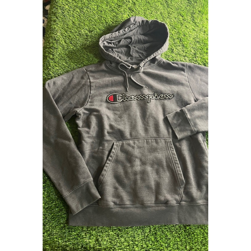 Champion Hoodie Mens Medium Gray  Pullover Embroidered Script Logo Sweatshirt